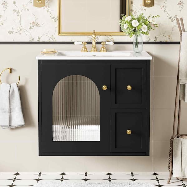 24 in. Floating Black Bath Vanity with White Ceramic Top, 2-Drawers and 1-Soft-Close Door