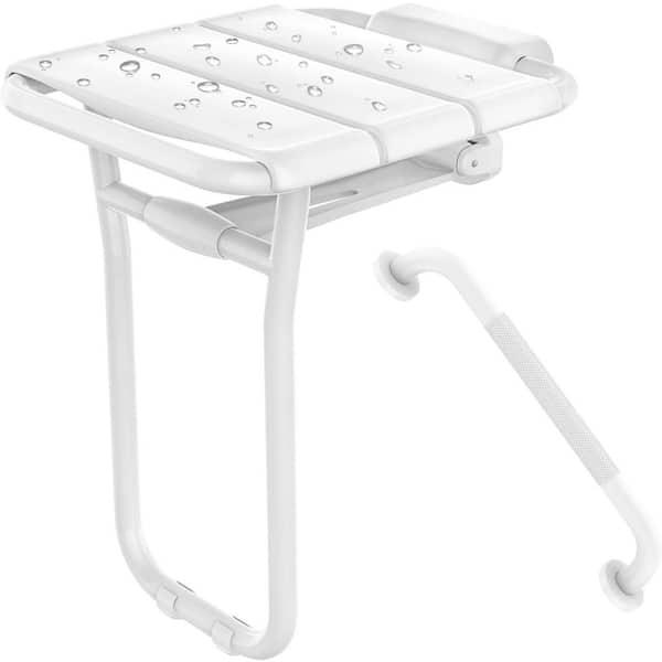 14 in. x 16 in. ADA Teak Folding Shower Seat Folding Shower Chair for Elderly/Disabled in Brushed Stainless Steel