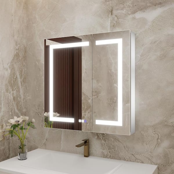 30 in. W x 30 in. H Rectangular Silver Aluminum Recessed/Surface Mount Medicine Cabinet with Mirror and LED