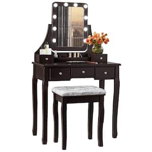 Brown Vanity Dressing Table Set with 10-Dimmable Bulbs Touch Switch Cushion Stool