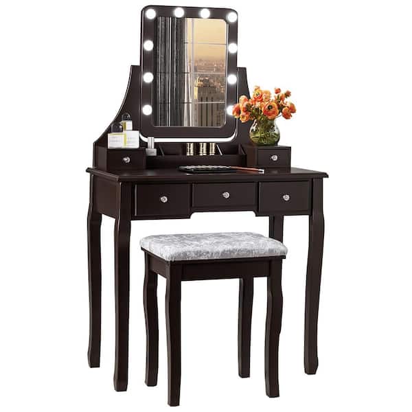 Costway Brown Vanity Dressing Table Set with 10-Dimmable Bulbs Touch Switch Cushion Stool