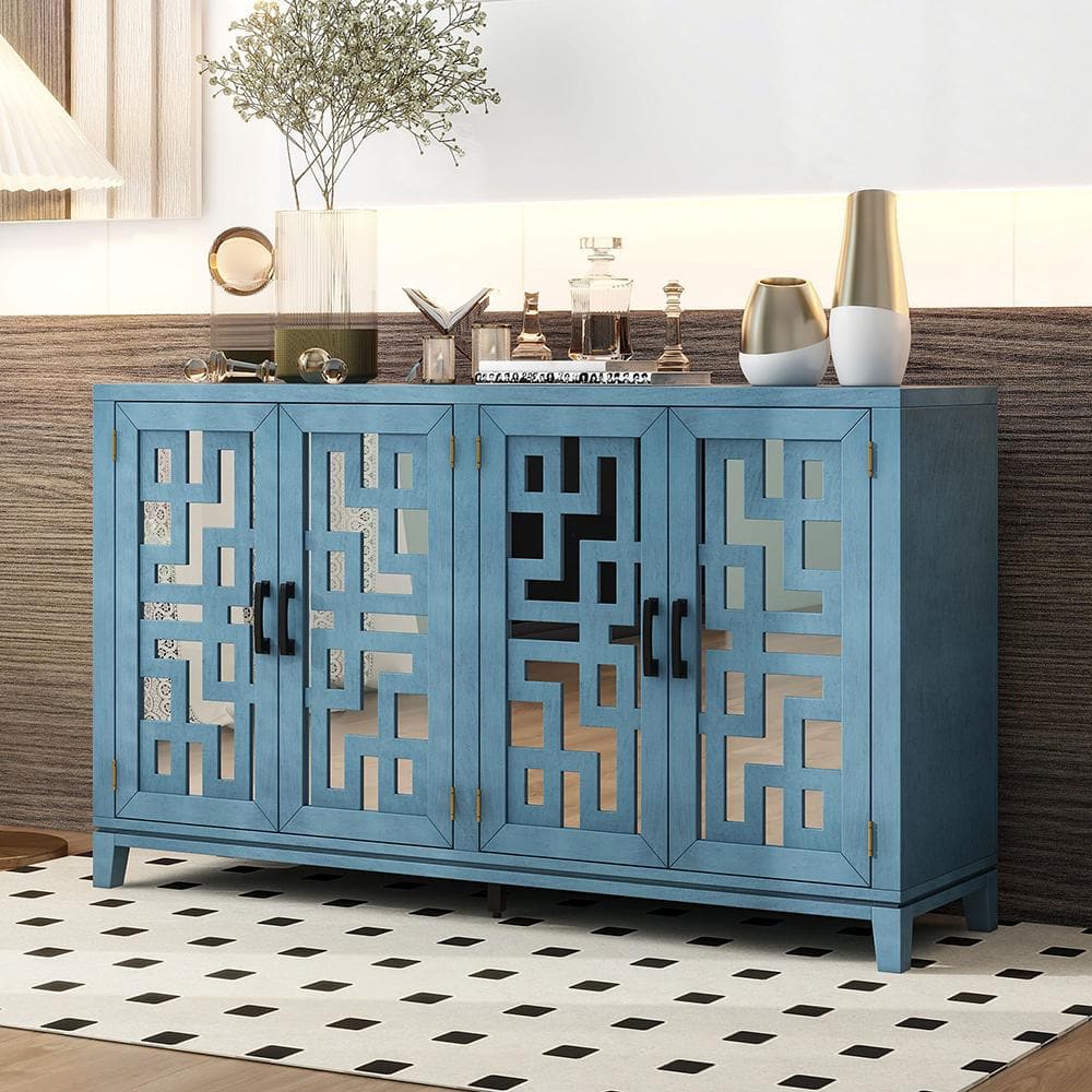 Blue Storage Cabinet Retro 4-Door Mirrored Buffet Sideboard with Metal Pull