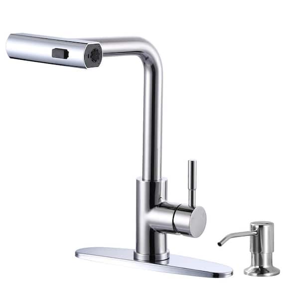 WOWOW 3 Modes Single Handle Waterfall Pull Down Sprayer Kitchen Faucet with Soap Dispenser in Polished Chrome