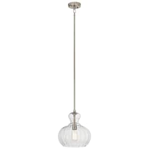 Riviera 13 in. 1-Light Brushed Nickel Transitional Shaded Kitchen Pendant Hanging Light with Clear Ribbed Glass