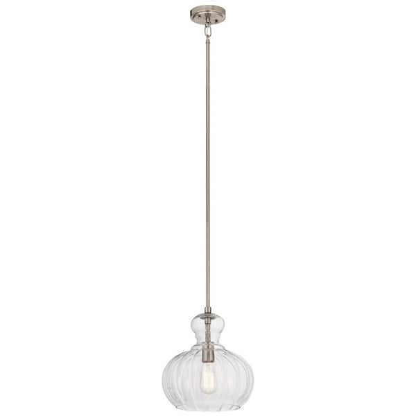 KICHLER Riviera 13 in. 1-Light Brushed Nickel Transitional Shaded Kitchen Pendant Hanging Light with Clear Ribbed Glass