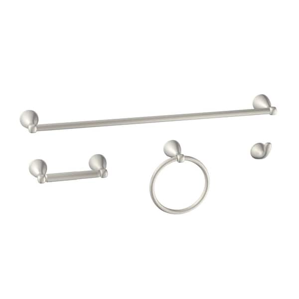 Glacier Bay Alima 4-Piece Bath Hardware Set with Towel Ring, Toilet Paper Holder, Robe Hook and 24 in. Towel Bar in Brushed Nickel
