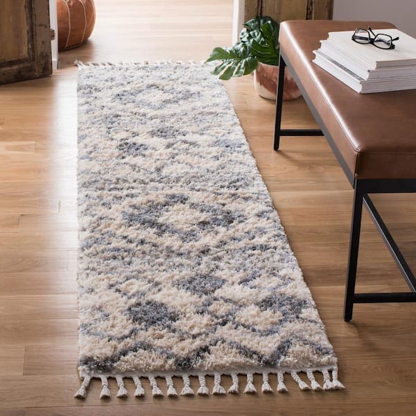 Berber Fringe Shag 2 ft. x 10 ft. Cream/Navy Diamond Geometric Runner Rug