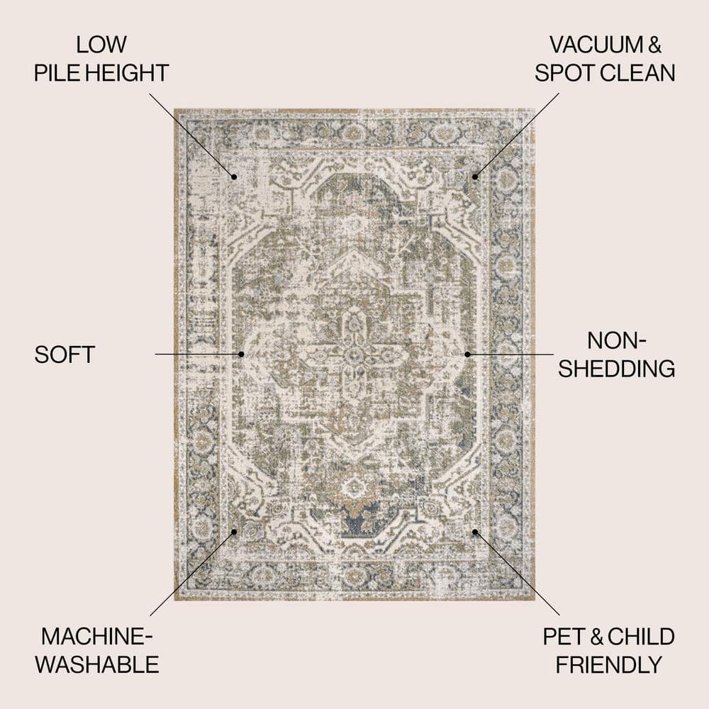 Green and Cream Medallion Machine-Washable Area Rug