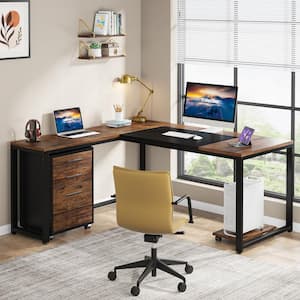 Lanita 63 in., L-Shaped Brown Wood Finish Computer Desk with Mobile File Cabinet for Home Office