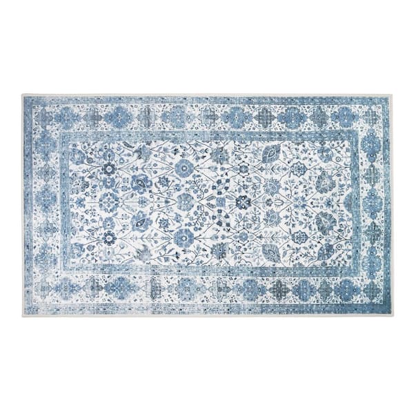 Lerik Blue/Off White Washable Rug 3 ft. x 5 ft. Area Rug