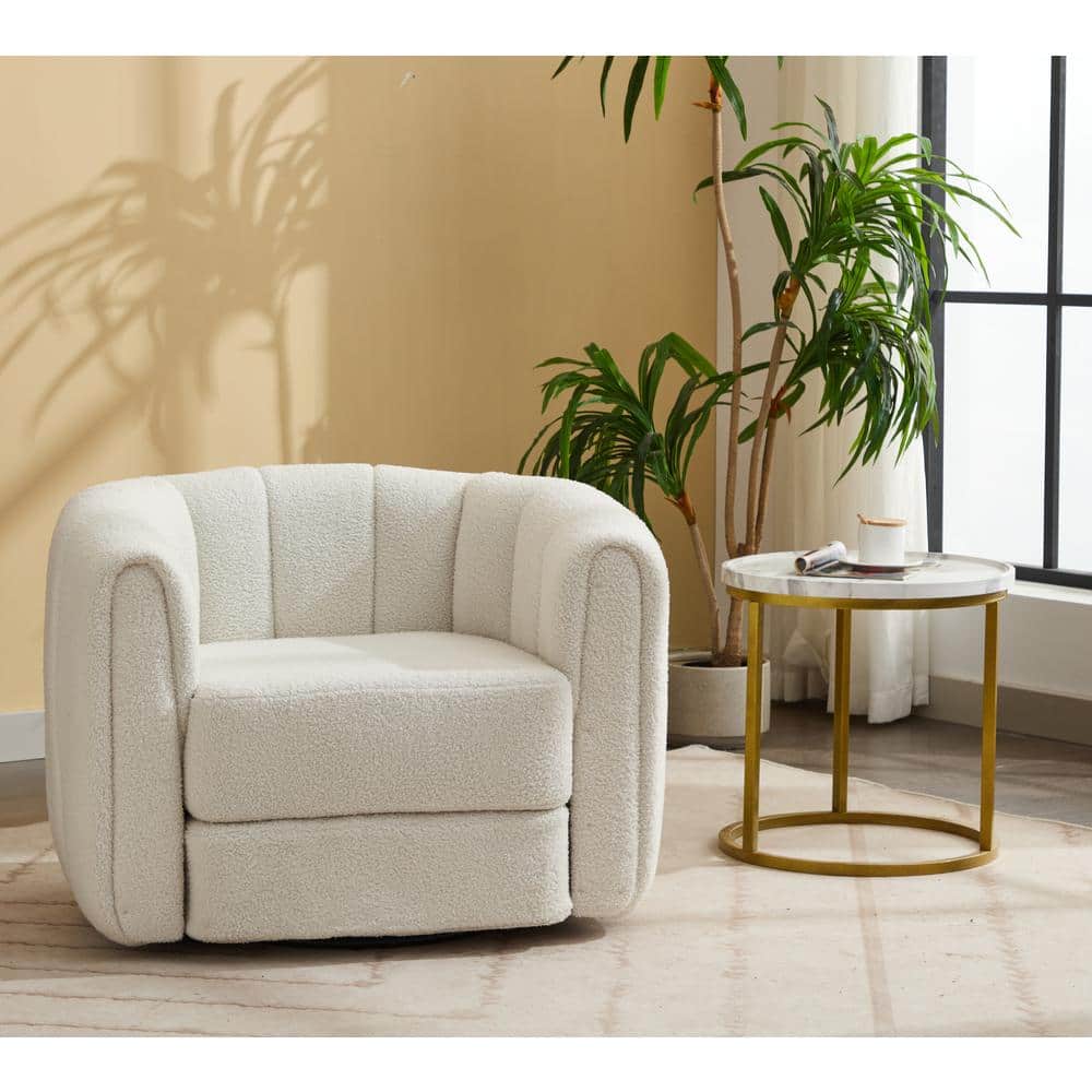 White Velvet Swivel Barrel Accent Chair with Wood Frame