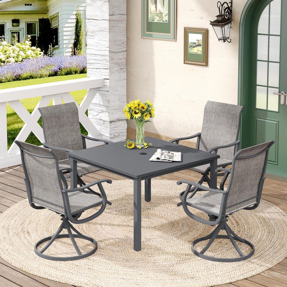 All Weather 5-Piece Metal Outdoor Dining Set with 40.2 in. Grey Round Table and 4 Grey Textilene Swivel Dining Chairs