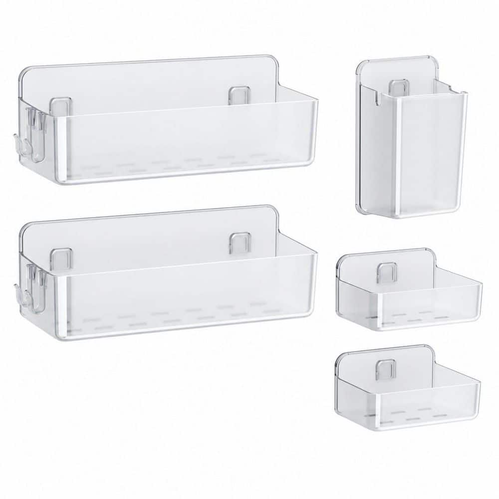 Numhew Adhesive Shower Shelves with Baskets, Toothbrush Holder, and Soap Dishes for Bathroom Organization, Clear (Piece of 5)