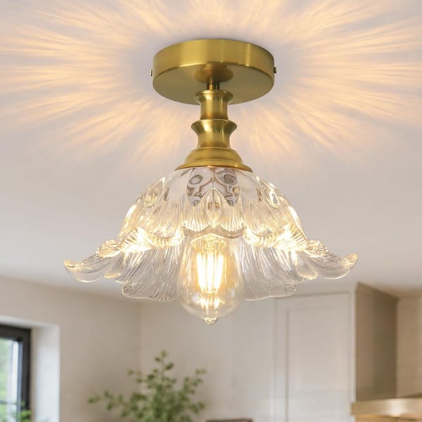 BeamHaven 1-Light Semi-Flush Mount Vintage Ceiling Lights Fixture with Clear Flower Glass for Porch Kitchen Dining Room