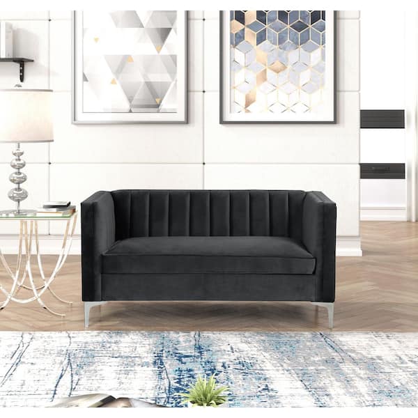 Morden Fort 55 in. Wide Mid-Century Channel Tufted Velvet 2-Seater Sofa Couch Loveseat-Black