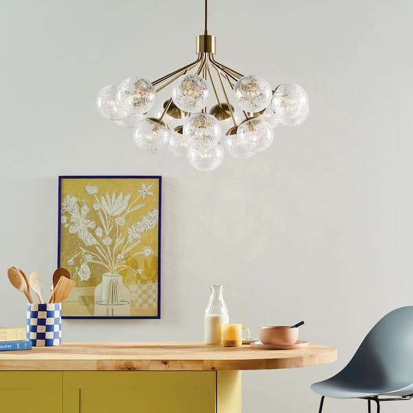 Silvarious 38 in. 16-Light Champagne Bronze Modern Crackle Glass Shaded Convertible Chandelier for Dining Room