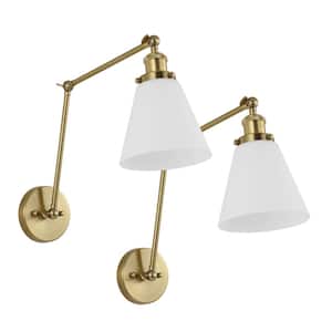 Gold Swing Arm Adjustable Wall Lamps Hardwired Light Fixture Up Down Glass Shade (Set of 2)