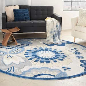 Aloha Blue/Gray 8 ft. x 8 ft. Round Floral Contemporary Indoor/Outdoor Patio Area Rug