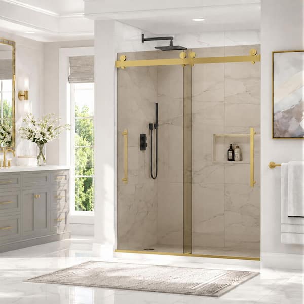 56-60 in. W x 74 in. H Double Sliding Frameless Shower Door in Brushed Gold with Nano-Coated Easy-Clean Tinted Glass