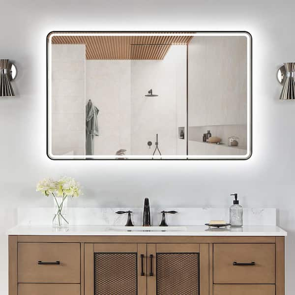 Viaggi 48 in. W x 30 in. H Medium Rectangular Aluminum Framed LED Lighting Wall Bathroom Vanity Mirror in Matt Black