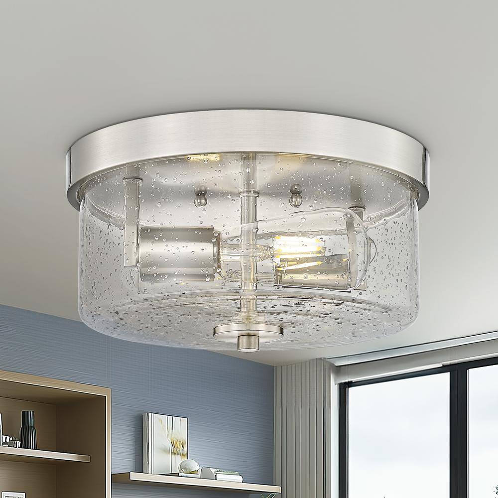 Brushed Nickel 2-Light Round Flush Mount with Seeded Glass Shade