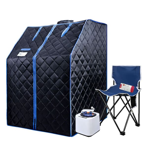 FUNKOL 1-Person Sauna with 2L and 1000 Watt Steam Generator, Handheld Remote Control and Folding Chair in Blue