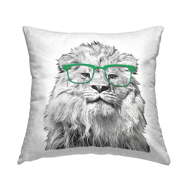 Lion With Green Glasses Grey Square Outdoor Throw Pillow