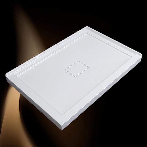 48 in. L x 32 in. W White Double Threshold Corner Shower Pan Base Acrylic Rectangular Shower Tray with Center Drain