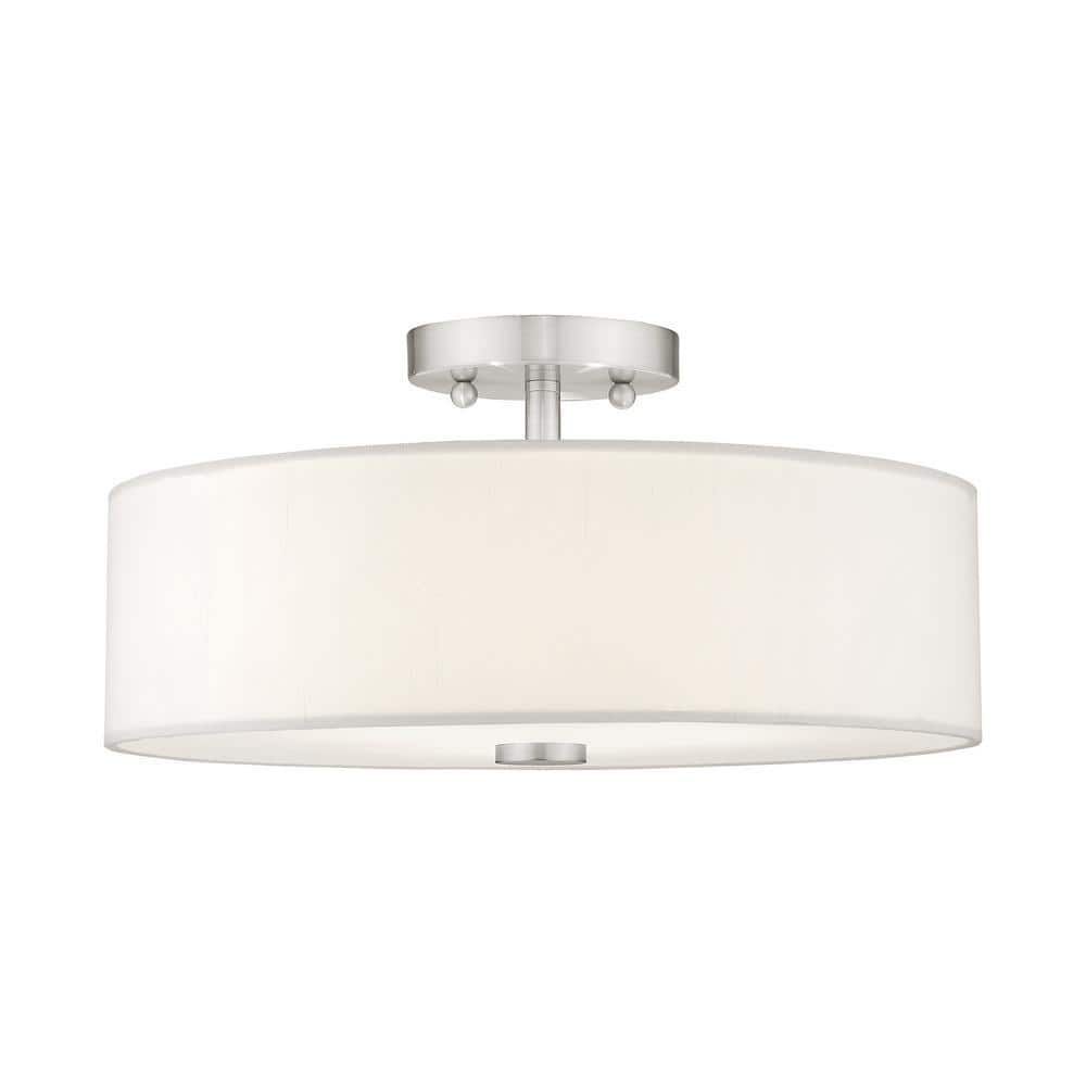 Brushed Nickel 3-Light Semi-Flush Mount with Off-White Shade