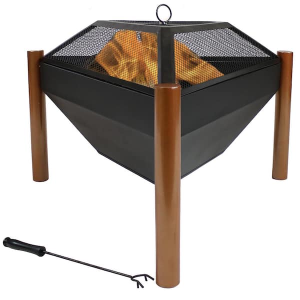 Sunnydaze Decor 31.5 in. W x 21.75 in. H Triangle Steel Outdoor Wood Burning Fire Pit with Log Grate, Poker and Spark Screen in Copper