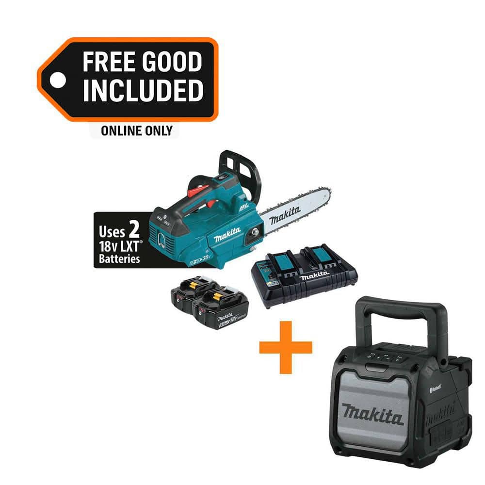 MAKITA LXT 14 in. 18V X2 (36V) Brushless Top Handle Battery Chainsaw Kit (5. 0Ah) with 18V LXT /12V max CXT Job Site Speaker (XCU08PT-XRM08B)