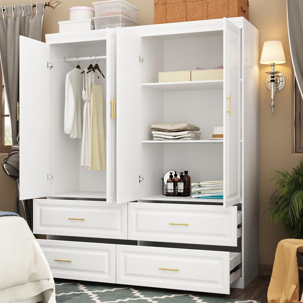 White Wood 63 in. W 4-Door Big Wardrobe Armoires with Hanging Rod, Drawers, Storage Shelves 74.2 in. H x 20.6 in. D - thumbnail 4