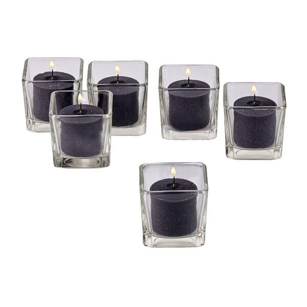 Light In The Dark Clear Glass Square Votive Candle Holders with Black Votive Candles (Set of 12)