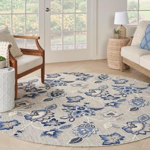 Aloha Blue Grey 8 ft. x 8 ft. Floral Vine Botanical Contemporary Indoor/Outdoor Round Area Rug