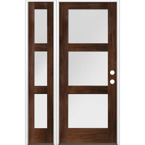 50 in. x 80 in. Modern Hemlock 3-Lite Left-Hand/Inswing Satin Glass Red Mahogany Stain Wood Prehung Front Door