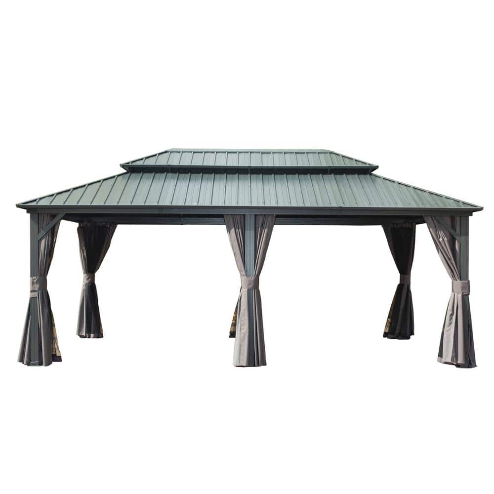 12 ft. x 20 ft. Outdoor Gray Aluminum Hardtop Gazebo with Galvanized Steel Double Roof with Curtain and Netting price history on PriceWatchPro