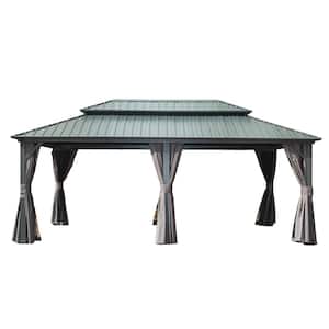 12 ft. x 20 ft. Outdoor Gray Aluminum Hardtop Gazebo with Galvanized Steel Double Roof with Curtain and Netting