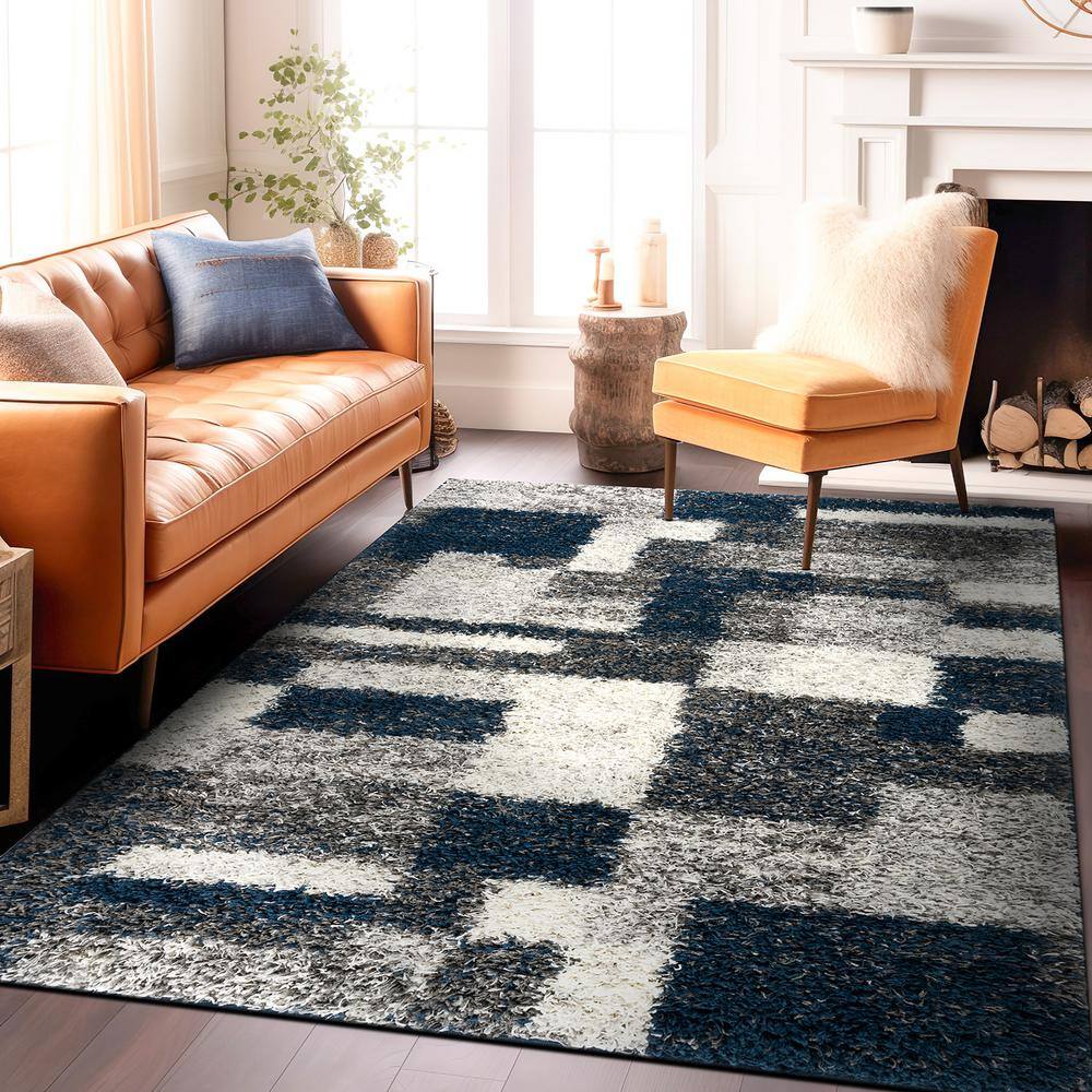 Navy and Gray Rectangular Synthetic Shag Area Rug 7'10" x 10'