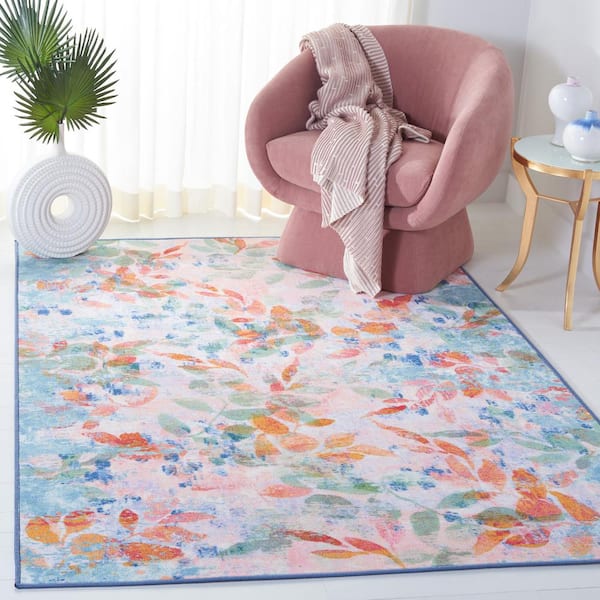 Paint Brush Blush Pink/Green 7 ft. x 7 ft. Machine Washable Gradient Floral Square Area Rug