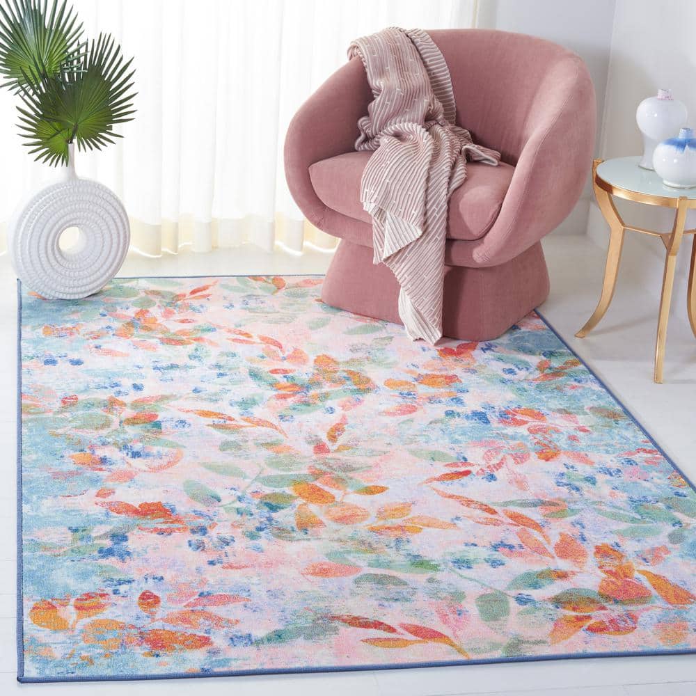 Blush Pink and Green Abstract Synthetic 9' x 12' Area Rug