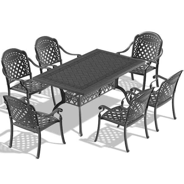 Runesay 7-Piece Set Of Cast Aluminum Patio Outdoor Dining Set with Random Colors Cushions and Black Frame