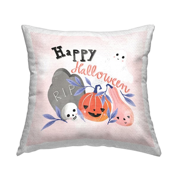 Stupell Industries Happy Halloween Smiling Festive Gourds Pink Square Outdoor Throw Pillow