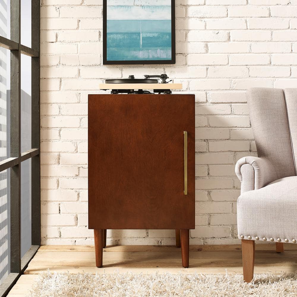 Mid-Century Brown Wood Record Player Cabinet with Gold Accents