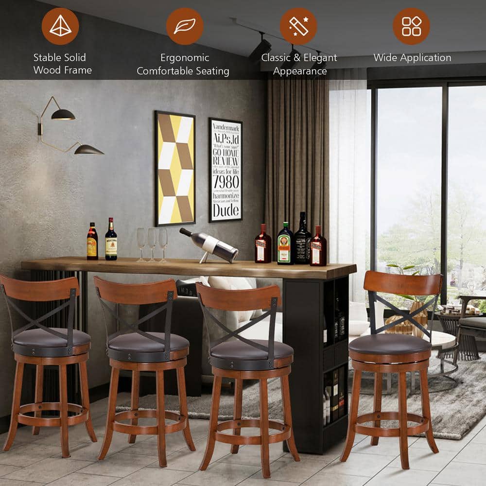 Walnut and Black Swivel 25'' High Back Bar Stools Set of 4