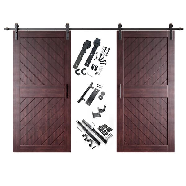 XT4 40 in. x 84 in. C-Panel Red Mahogany Slanted Stripe Design Double Pine Wood Sliding Barn Door with Hardware Kit