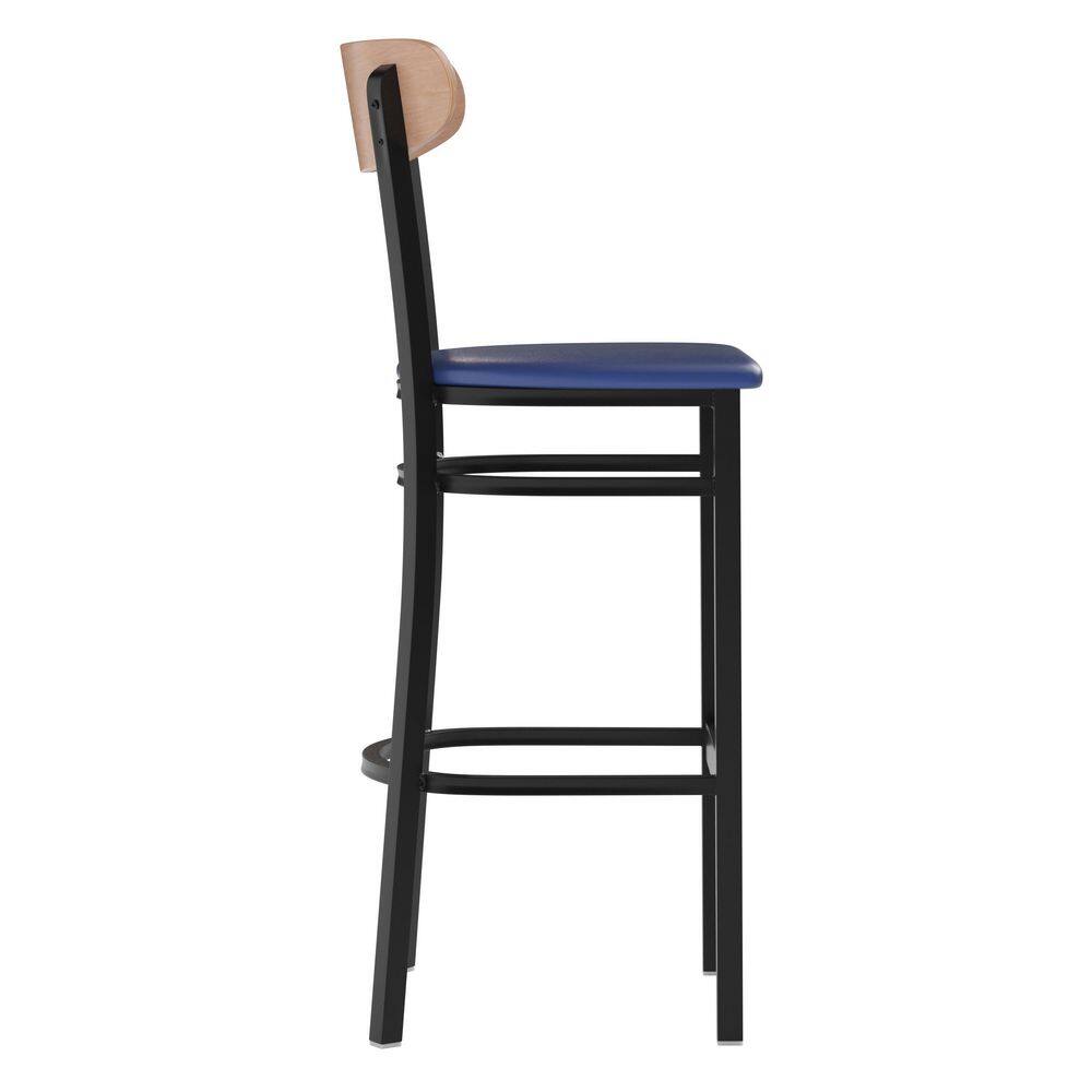Side view of Carnegy Avenue bar stool with blue vinyl seat