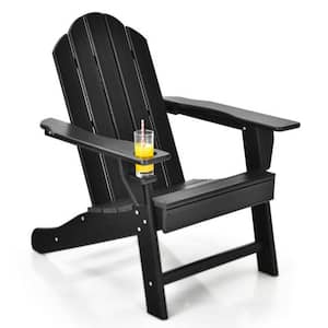 Black Outdoor Adirondack Chair with Built-in Cup Holder for Backyard and Porch