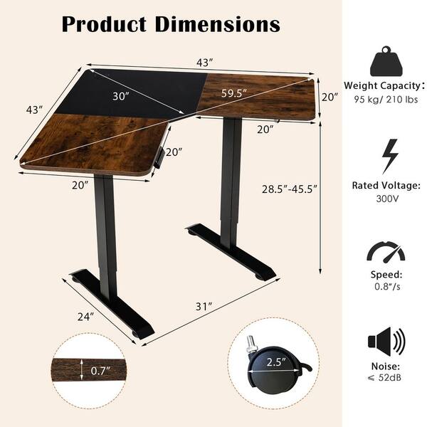 Costway 59.5 in. L Shaped Brown Wood Electric Adjustable Standing