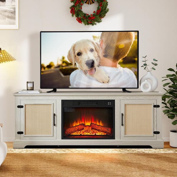 65 in. Freestanding TV Stand with 23 in. Fireplace Insert, Adjustable Shelf Wood, Natural Rattan Door Cabinet, White