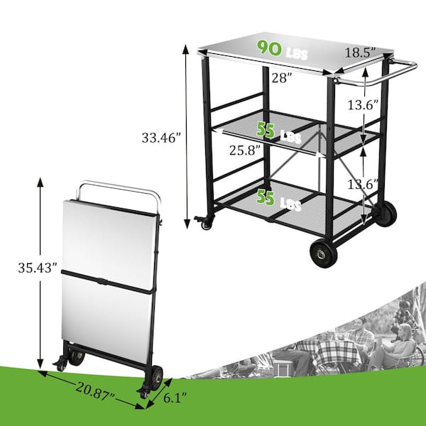 3- Shelf Stainless Steel Foldable Outdoor Grill Cart Indoor Prep Table with 4 Wheels (28 in. W x 18.5 in. D)